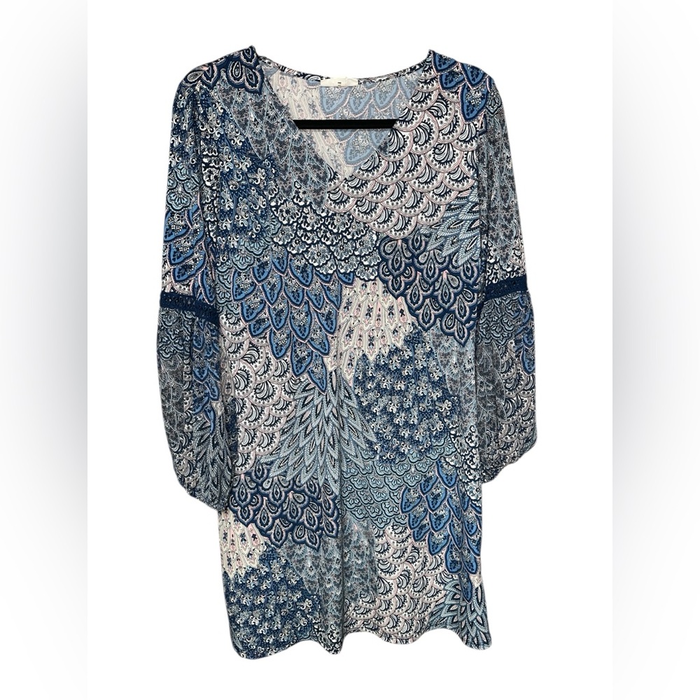 Westport V-Neck Blue, Pink & Cream Patterned Lightweight Mini Dress size S